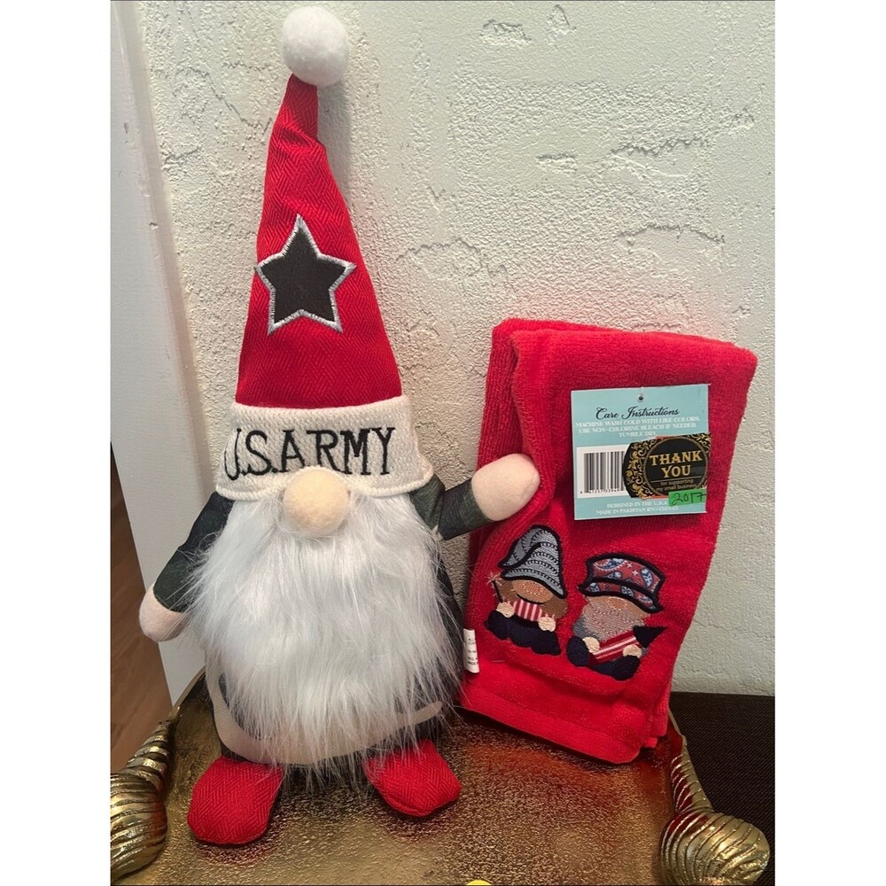 2117*U.S. Army Red Gnome Holiday Plush Decoration/Set Of Patriotic Guest Towels